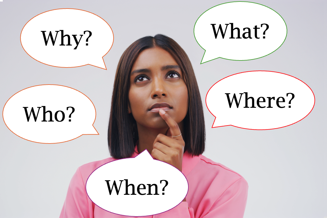 Photo of woman with bubbles around her asking why, what, who, where, and when.